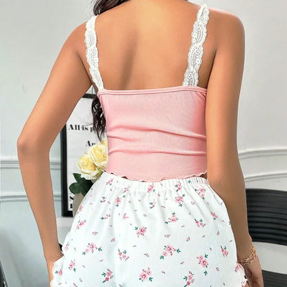 Ailune Women’s Lace Patchwork Pyjama Set – V-Neck Cami & Printed Shorts Loungewear